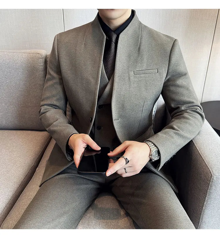 Korean Style Men's Suit Set Slim Fit Business Suit Wool Blazer Three Piece Set Elegant Social Formal Men's Clothing 5XL-M