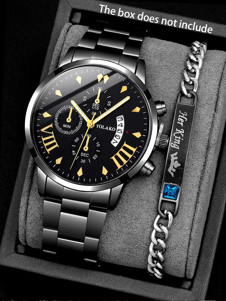 2PCs Men's Business Gentleman Steel Band Calendar Quartz Watch+Chain Bracelet Set Watch