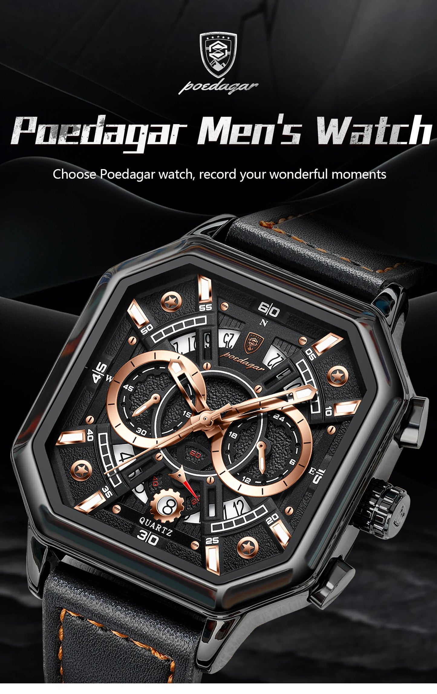 POEDAGAR Luxury Chronograph Square Man Watch Waterproof Luminous Date Men Watch Sports Leather Men's Watches Quartz Reloj Hombre
