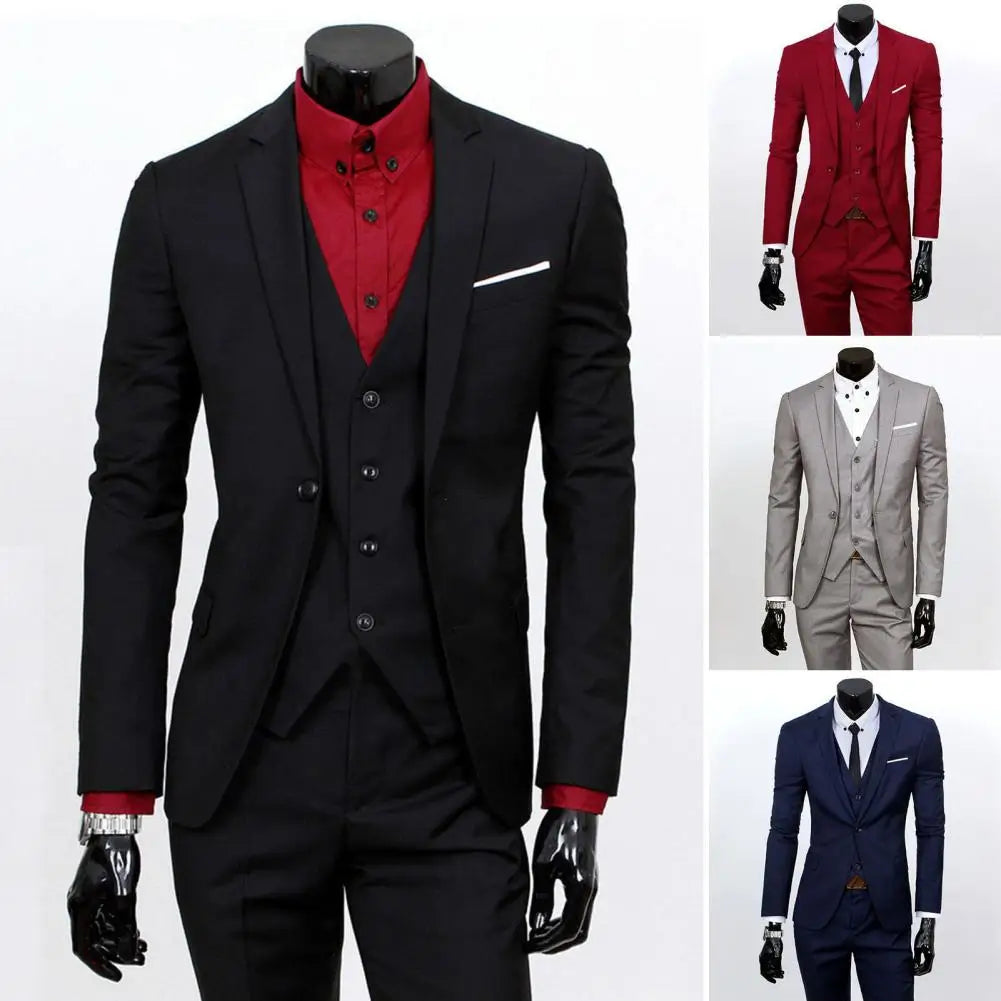 Fabulous Men Suit Set Cardigan 3 Piece Set Soft Fabric Split Wedding Suit Set Business Suit Slim Fit