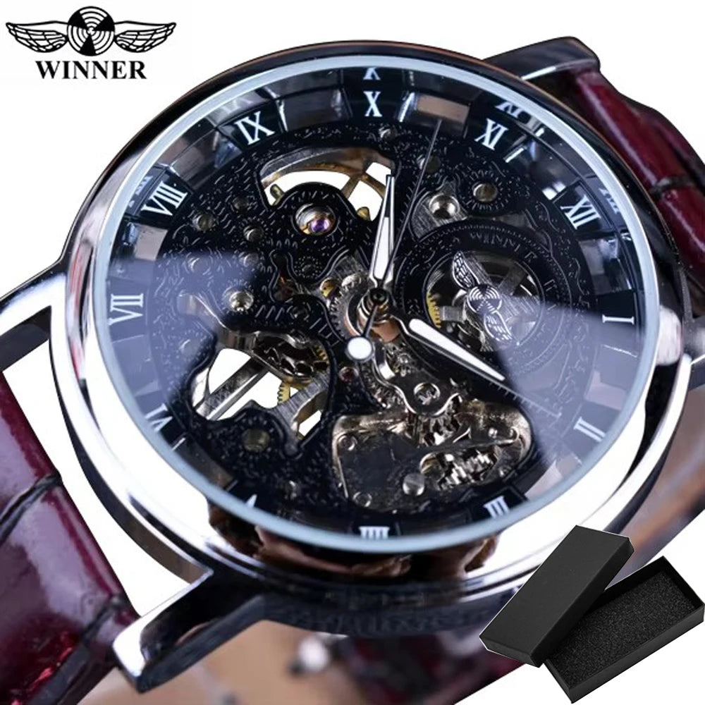 Winner Transparent Golden Case Luxury Casual Design Brown Leather Strap Mens Watches Top Brand Luxury Mechanical Skeleton Watch