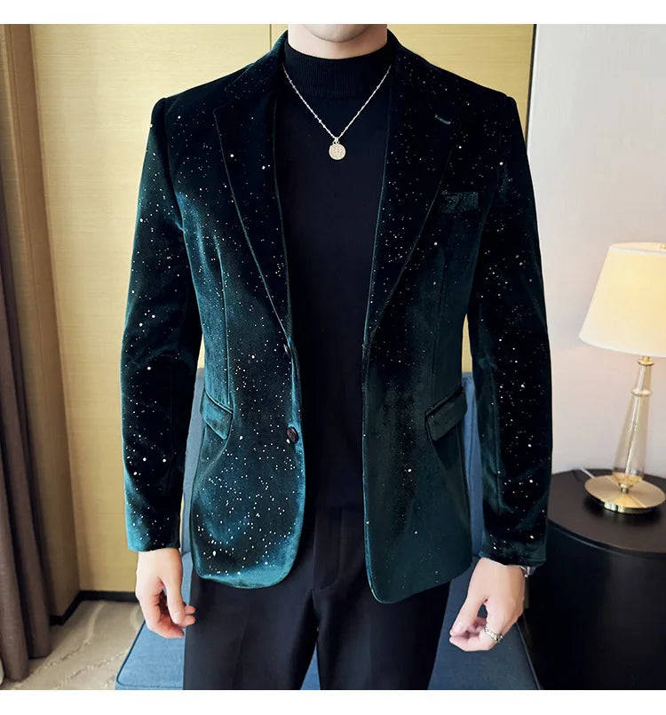 2024 Autumn New Velvet Jacket Men's Blazer Business Fashion Hot Stamping Printed Suit Jacket High-quality Luxury Dress Suit