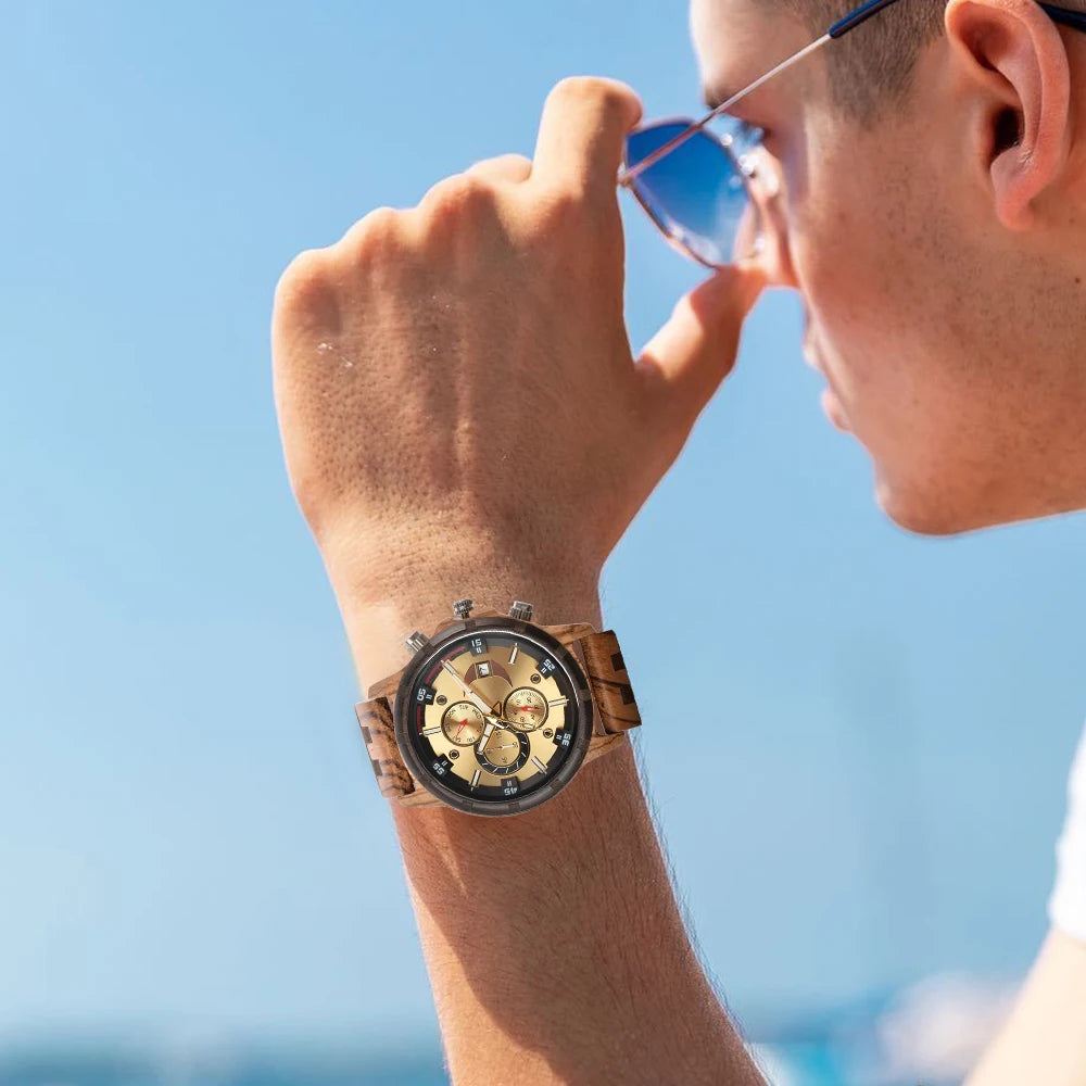 Men's Wooden Wrist Watches for Men Chronograph Fashion Wristwatches Business Blue Wood Mens Watches Clock reloj madera hombre