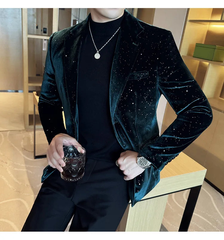 2024 Autumn New Velvet Jacket Men's Blazer Business Fashion Hot Stamping Printed Suit Jacket High-quality Luxury Dress Suit