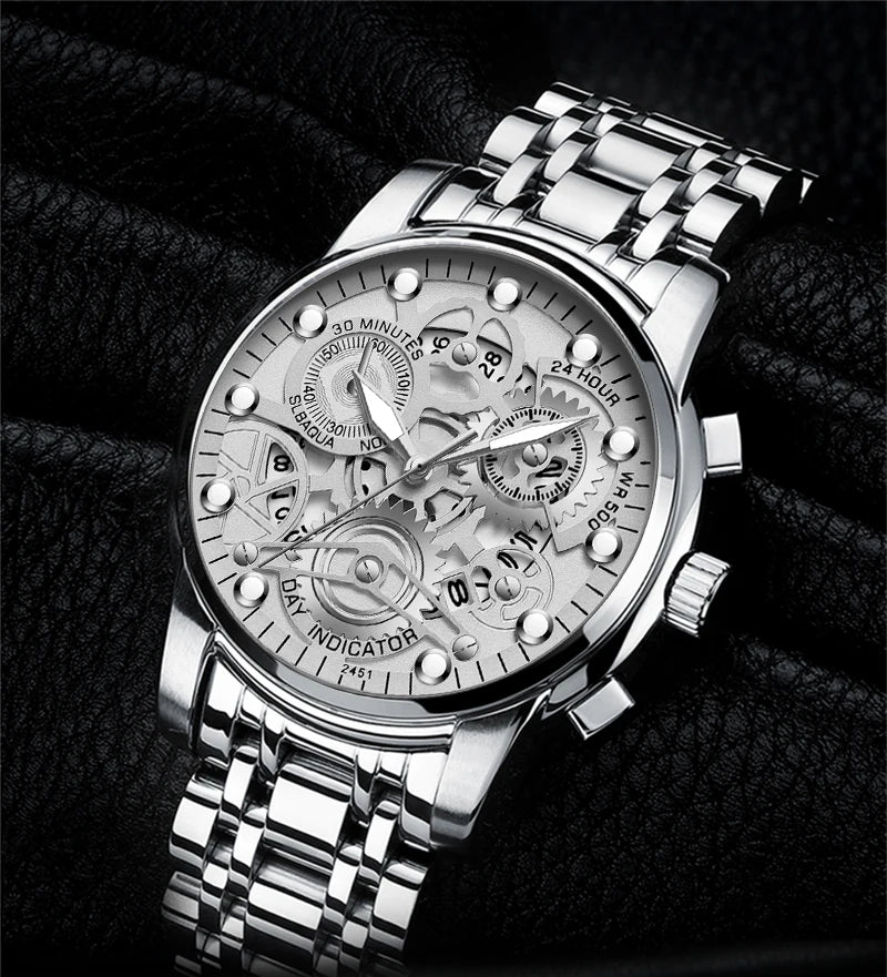 Men's Business Watch Skeleton Design Fashion Mechanical Style Stainless Steel Quartz Movement Calendar Waterproof Men WristWatch