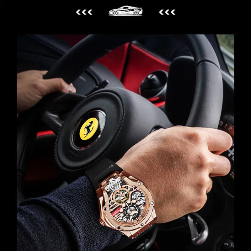 HANBORO Car Design Mechanic Watch Luxury Men Watches Mechanical Wristwatches Earth Skeleton Flywheel Watch Orologio Uomo
