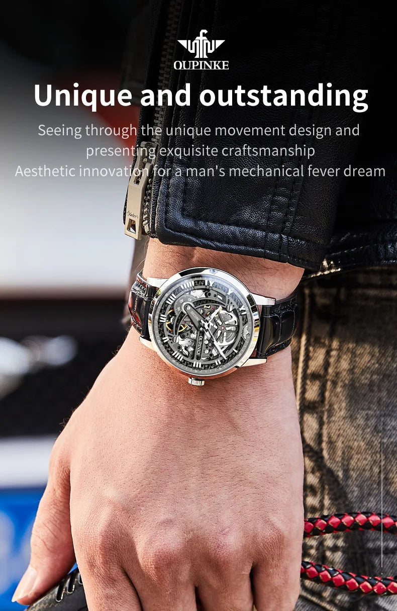 OUPINKE 3173 Luxury Gold Mechanical Watch For Men Hollow Top Brand Original Automatic Wristwatch 50M Waterproof Luminous Watches