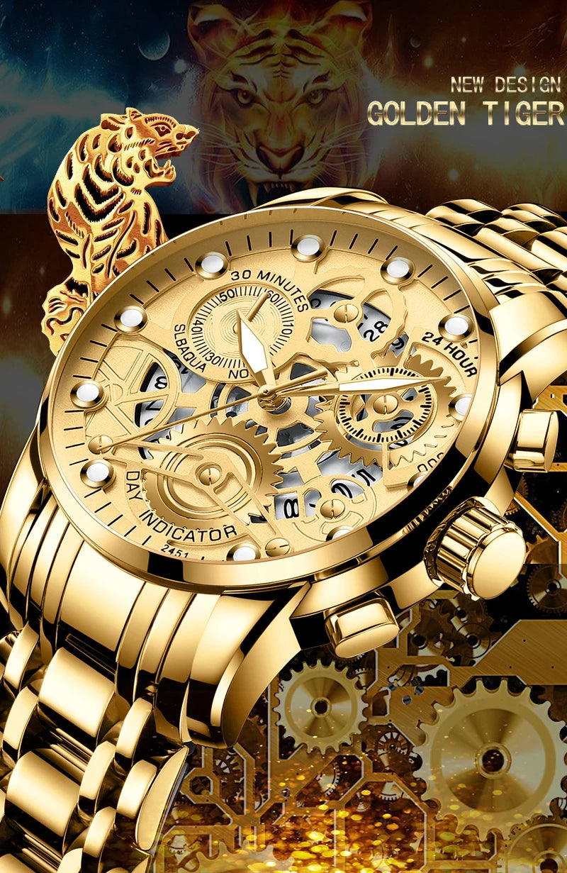 Men's Business Watch Skeleton Design Fashion Mechanical Style Stainless Steel Quartz Movement Calendar Waterproof Men WristWatch