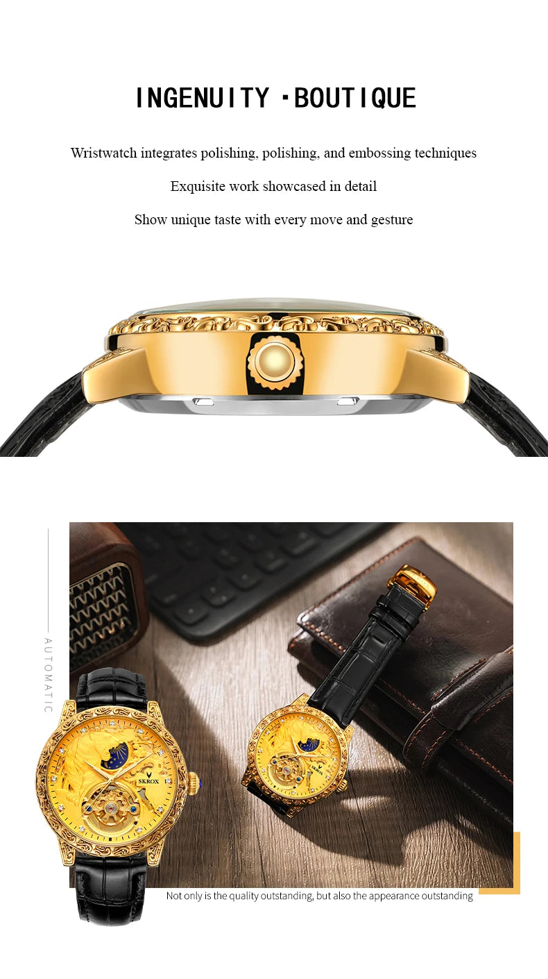 SKROX Original Gold Tiger Diamond Elegant Men's Watch Moon Phase Tourbillon Automatic Mechanical High-end Luxury Male Clockwork