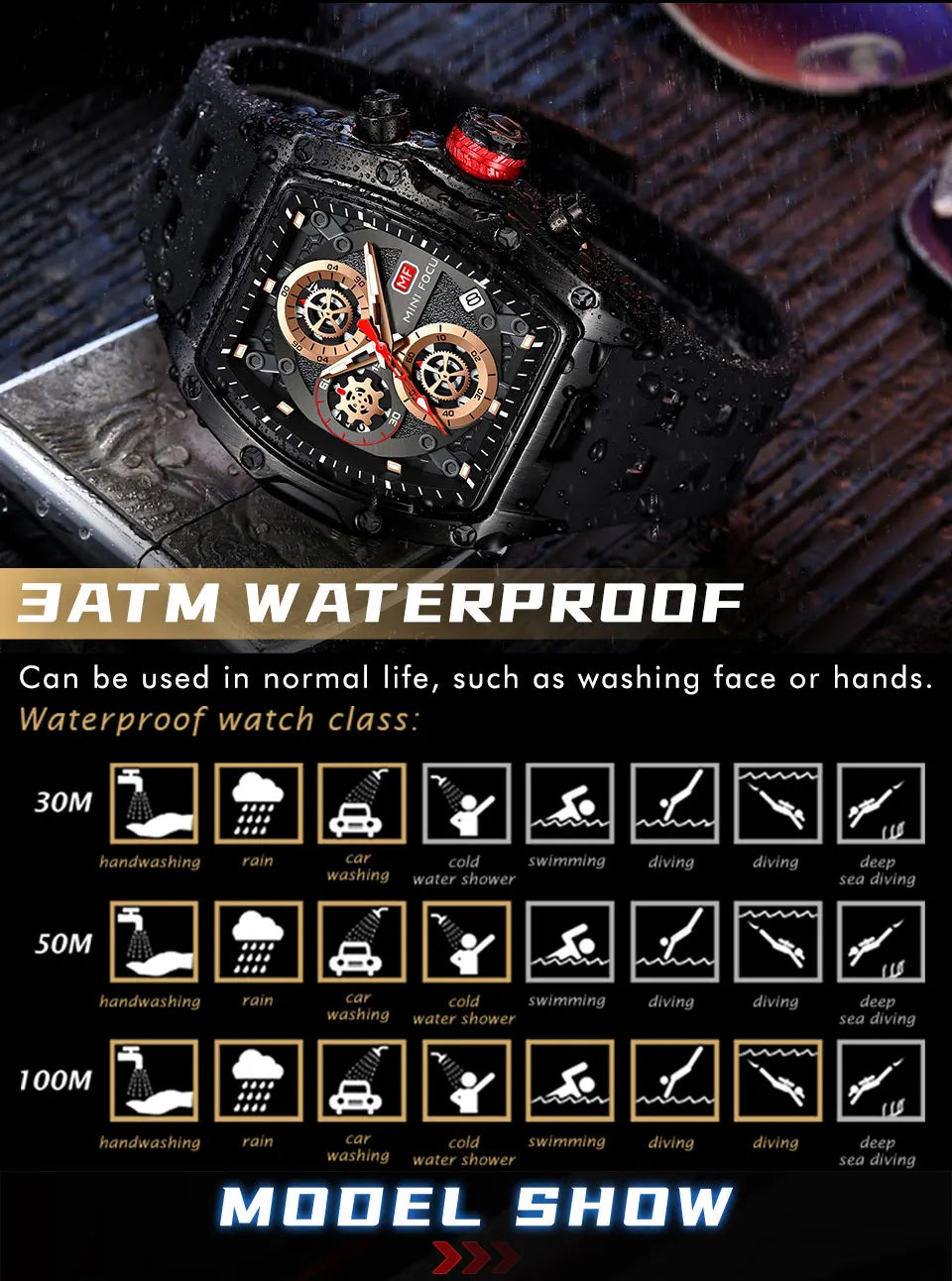MINI FOCUS Blue Quartz Watch Men Fashion Military Sport Chronograph Wristwatch with Luminous Hands Auto Date Silicone Strap