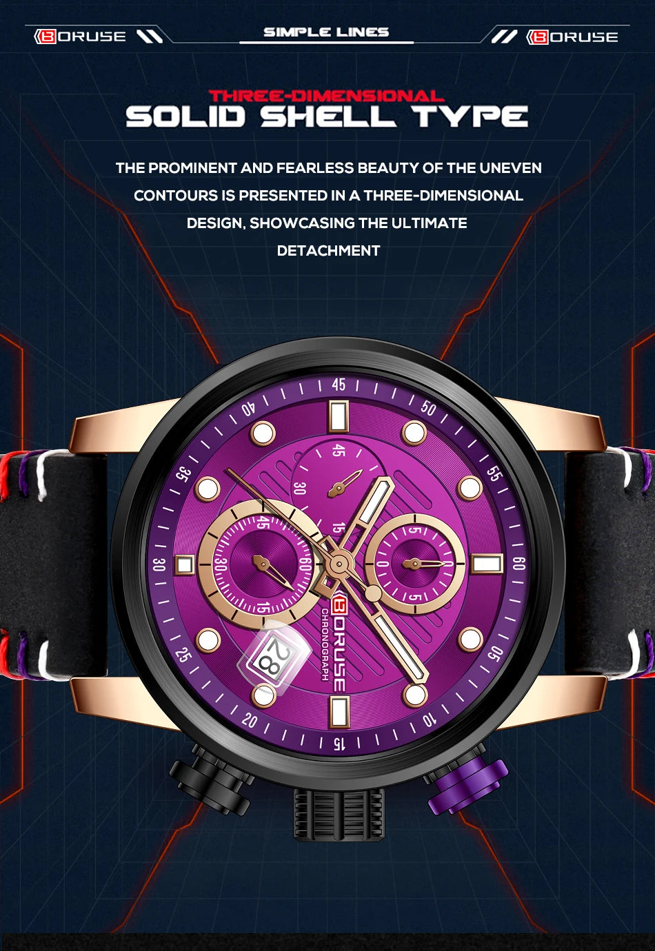 BORUSE New Fashion Mens Watches Top Brand Luxury Military Quartz Watch Man Premium Leather Waterproof Sport Chronograph Watch