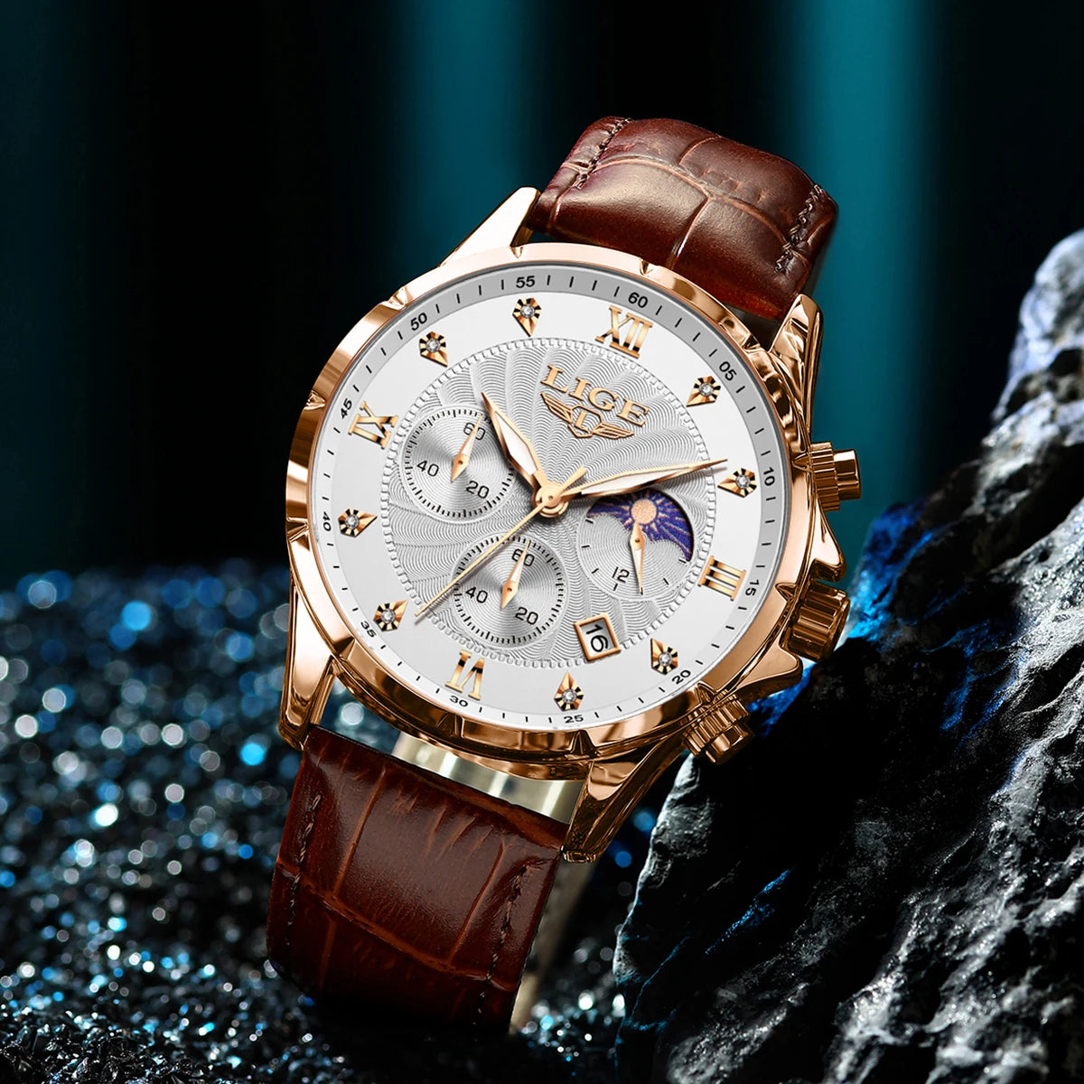 LIGE Men's Watch Luxury Business Luminous Waterproof Leather Watches Moon Phase Week Date Casual Quartz Watch Men Reloj hombre