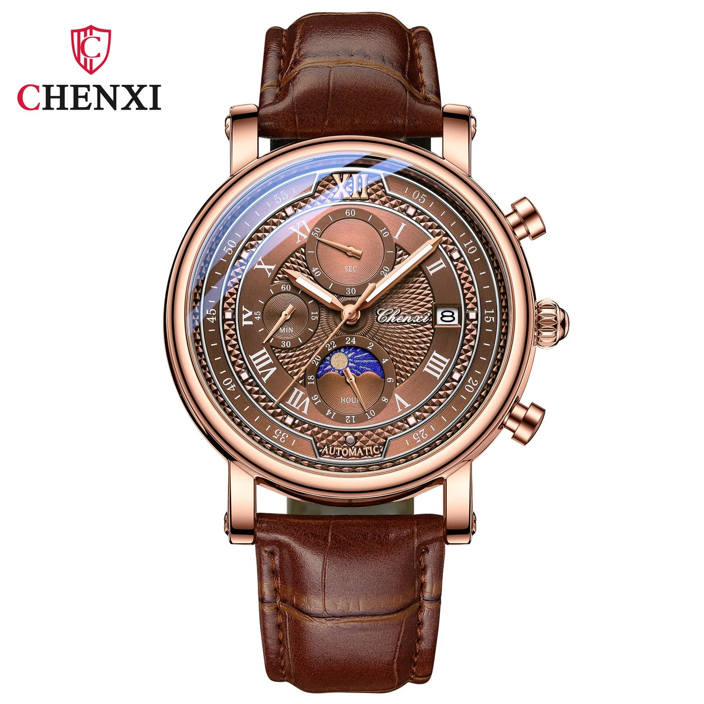 CHENXI 976 Men's Watch Leather Chronograph Date Quartz Watches Phase Moon Timing Business Luminous Wrist Watch Relojes para