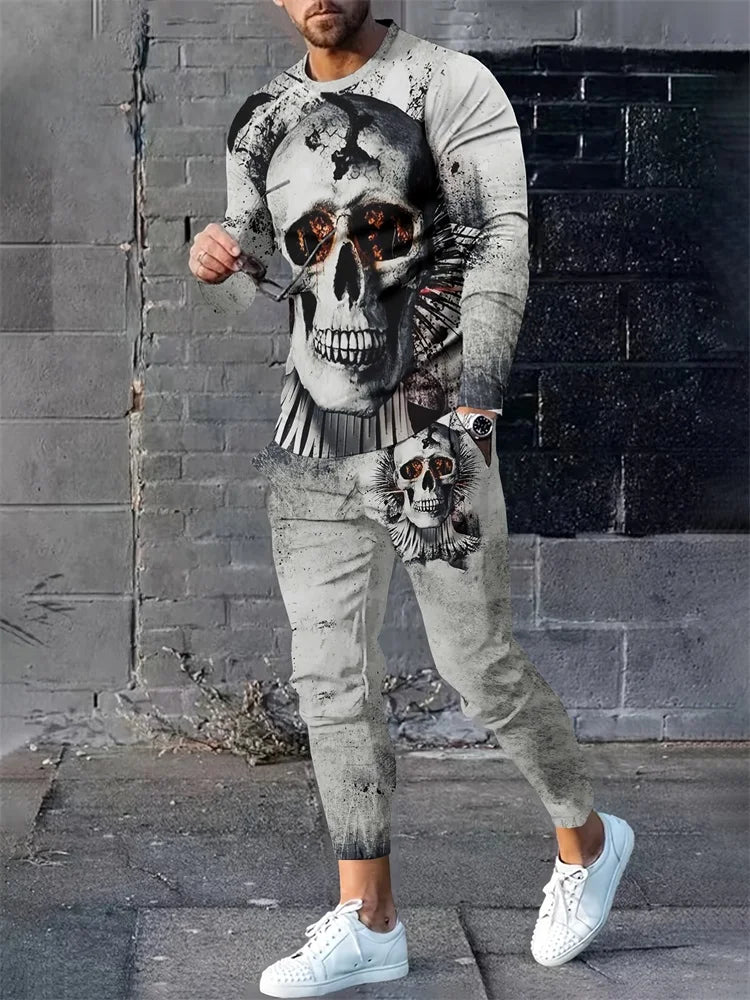 2024 New 3D Skull Print Men's Long Sleeve T-shirt And Pants Autumn Everyday Casual Men's Fashion Halloween Suit Two-piece