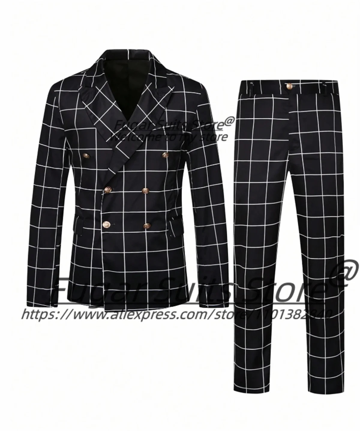 Business Black Plaid High-qublity Suits For Men Slim Fit Double Breasted Groom Tuxedos2Pcs Sets Elegant Male Blazers Ropa Hombre