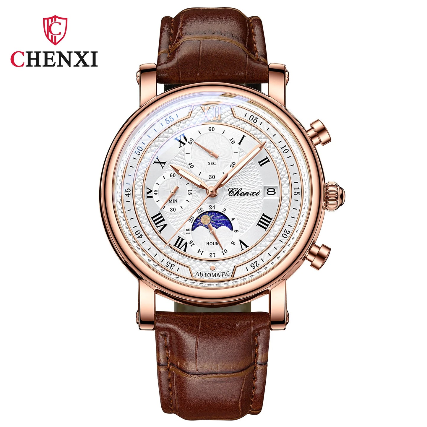 CHENXI 976 Men's Watch Leather Chronograph Date Quartz Watches Phase Moon Timing Business Luminous Wrist Watch Relojes para