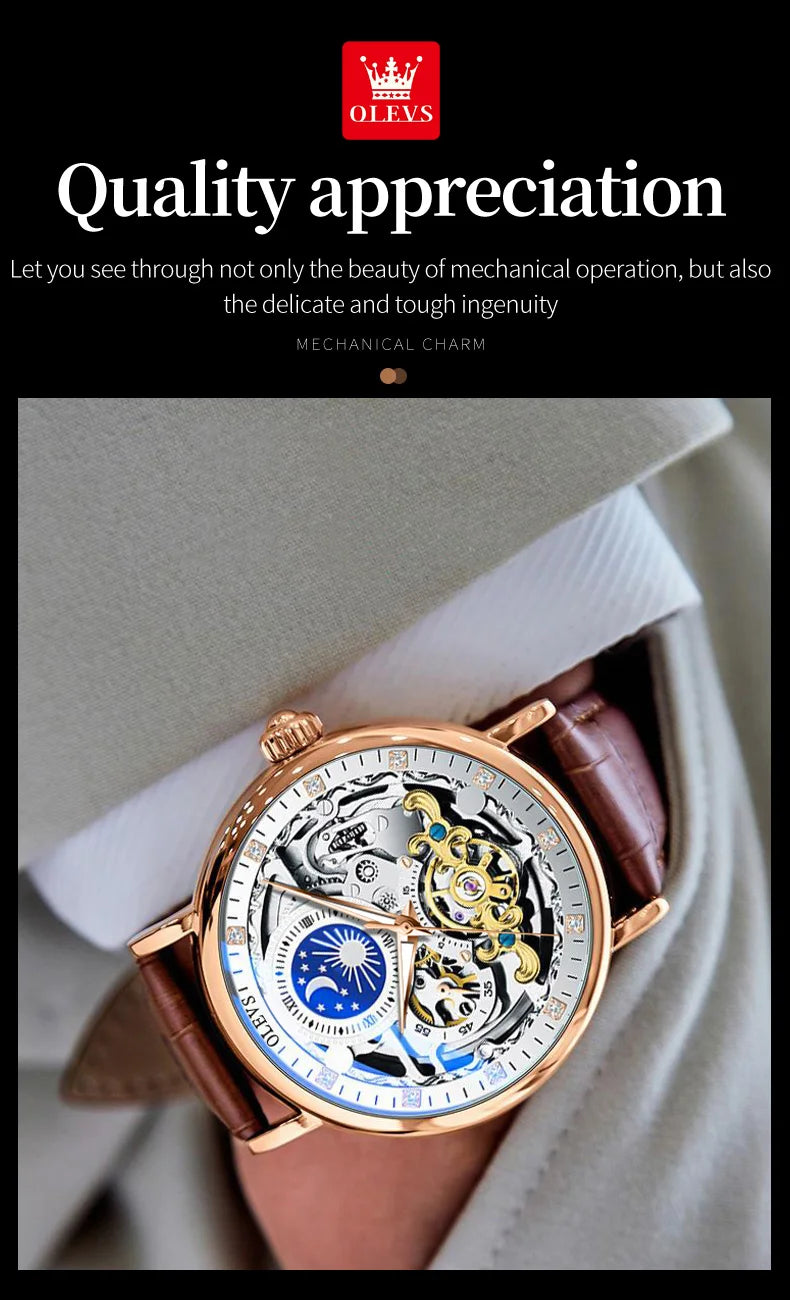 OLEVS Top Brand Luxury Mechanical Watch Men Leather Waterproof Moon Phase Automatic Wristatches Man Clock with Luminous Hands