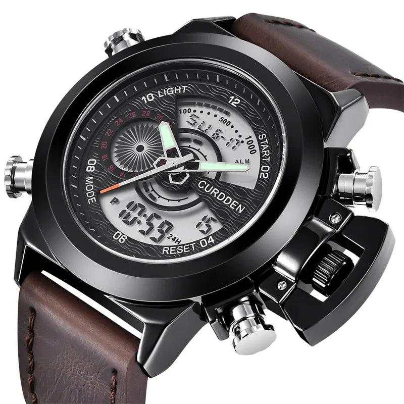 Men Original CURDDEN Brand Dual Time Watches Fashion Leather Band Chronograph Military Multi-function Sports Watch Reloj Hombre