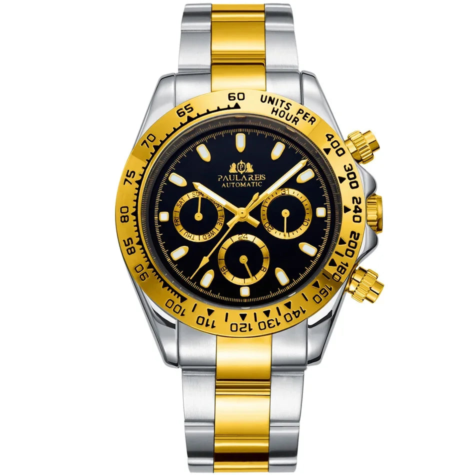 Automatic Watches Self Wind Mechanical Gold Stainless Steel Glacier Ice Blue Dial Chestnut Brown Bezel Luminous Men Watch