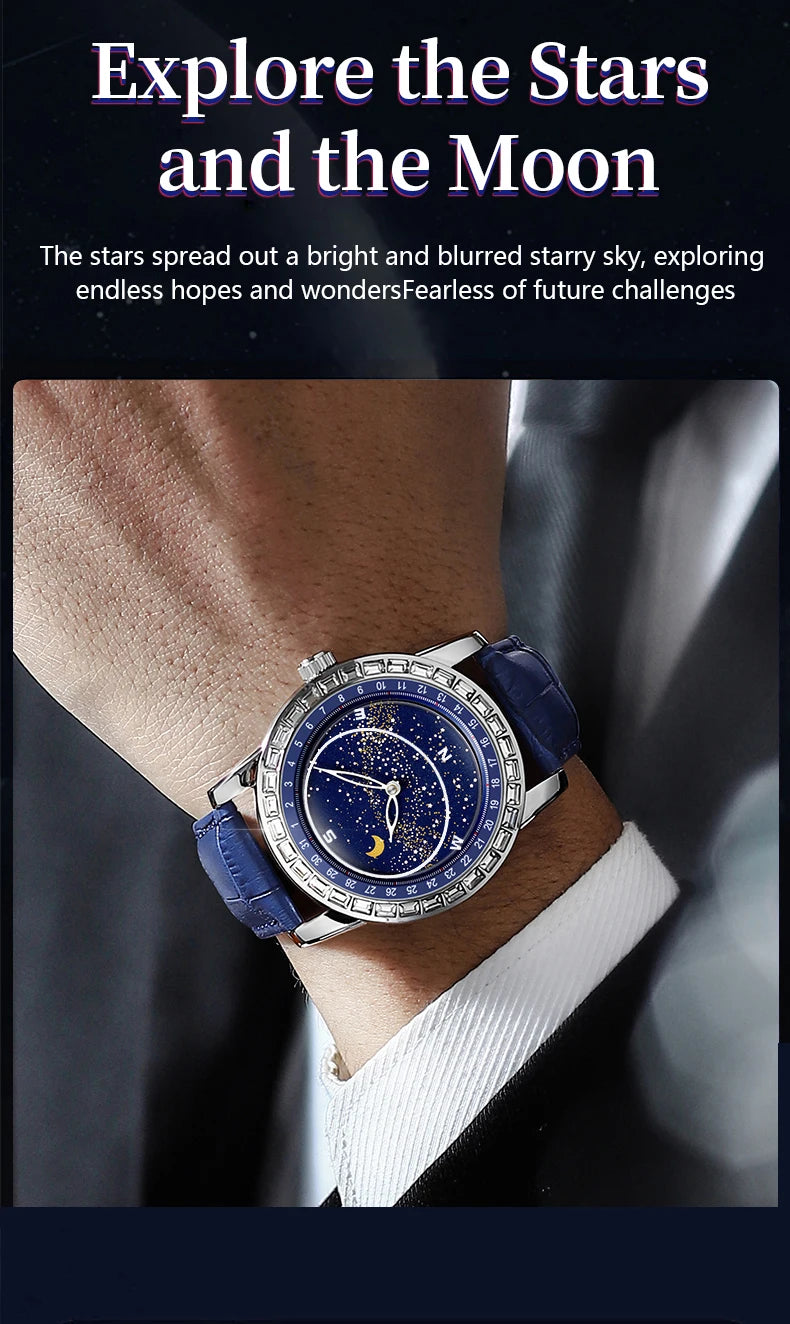 BINBOND Brand Rotating All Over The Sky Empty Diamond Men Watches Fashion Business Sun Moon Stars Waterproof Luminous Men Watch