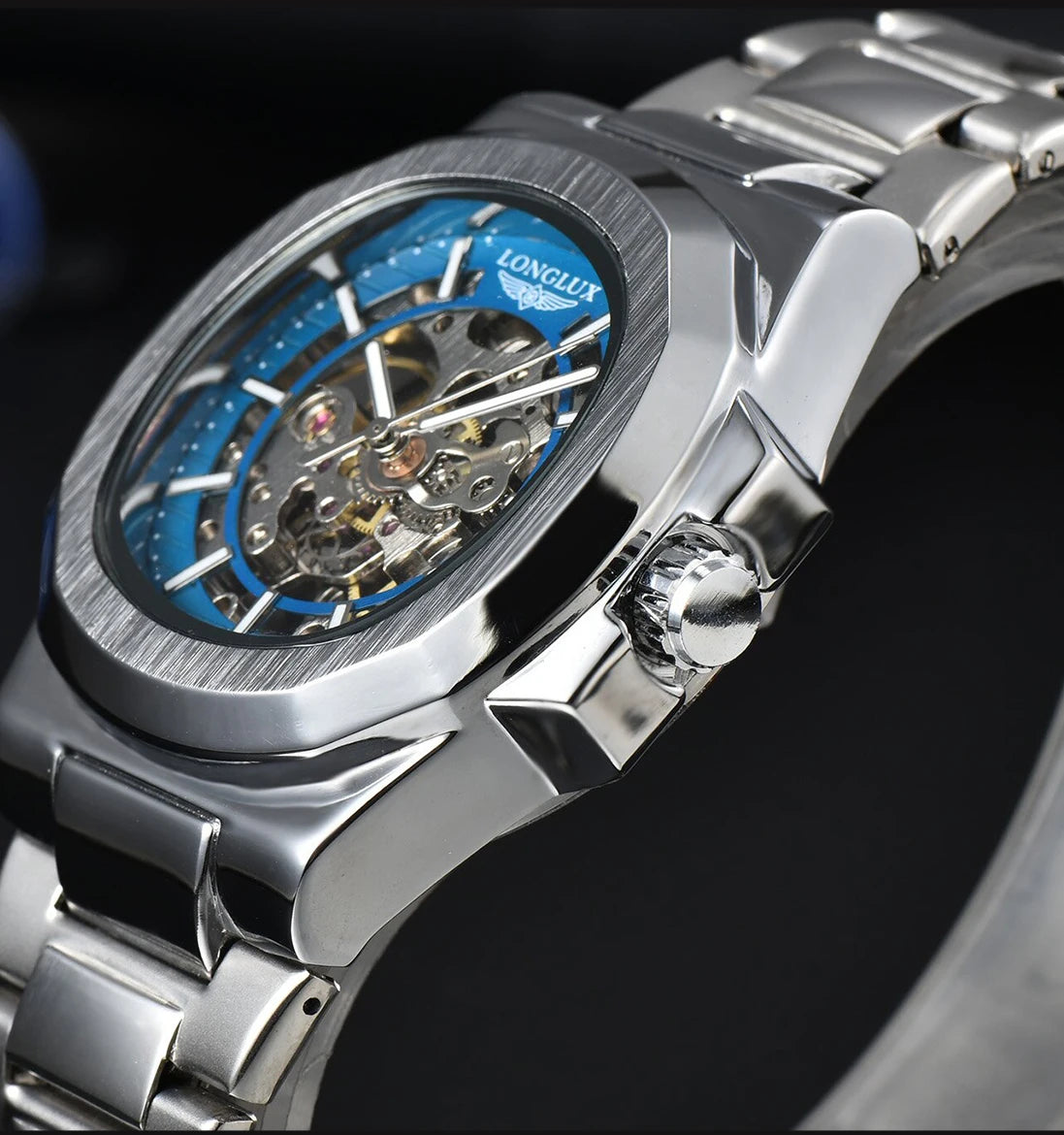 LONGLUX automatic man watch luxury wholesale mechanical wristwatches stainless steel skeleton waterproof mens watch men gift