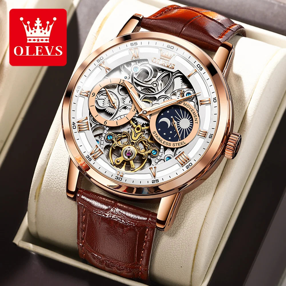 OLEVS Mens Watches Top Brand Luxury Moon Phase Tourbillon Mechanical Watch for Men Automatic Skeleton Watch Relogio Masculino