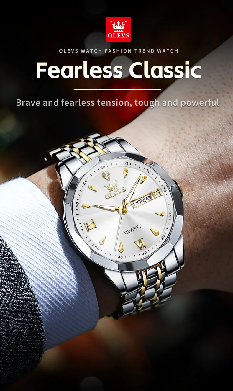 OLEVS 9998 Mens Watch Original Rhombus Mirror Quartz Mature Man Watch Waterproof Luminous Dual Calendar Display Watch For Man