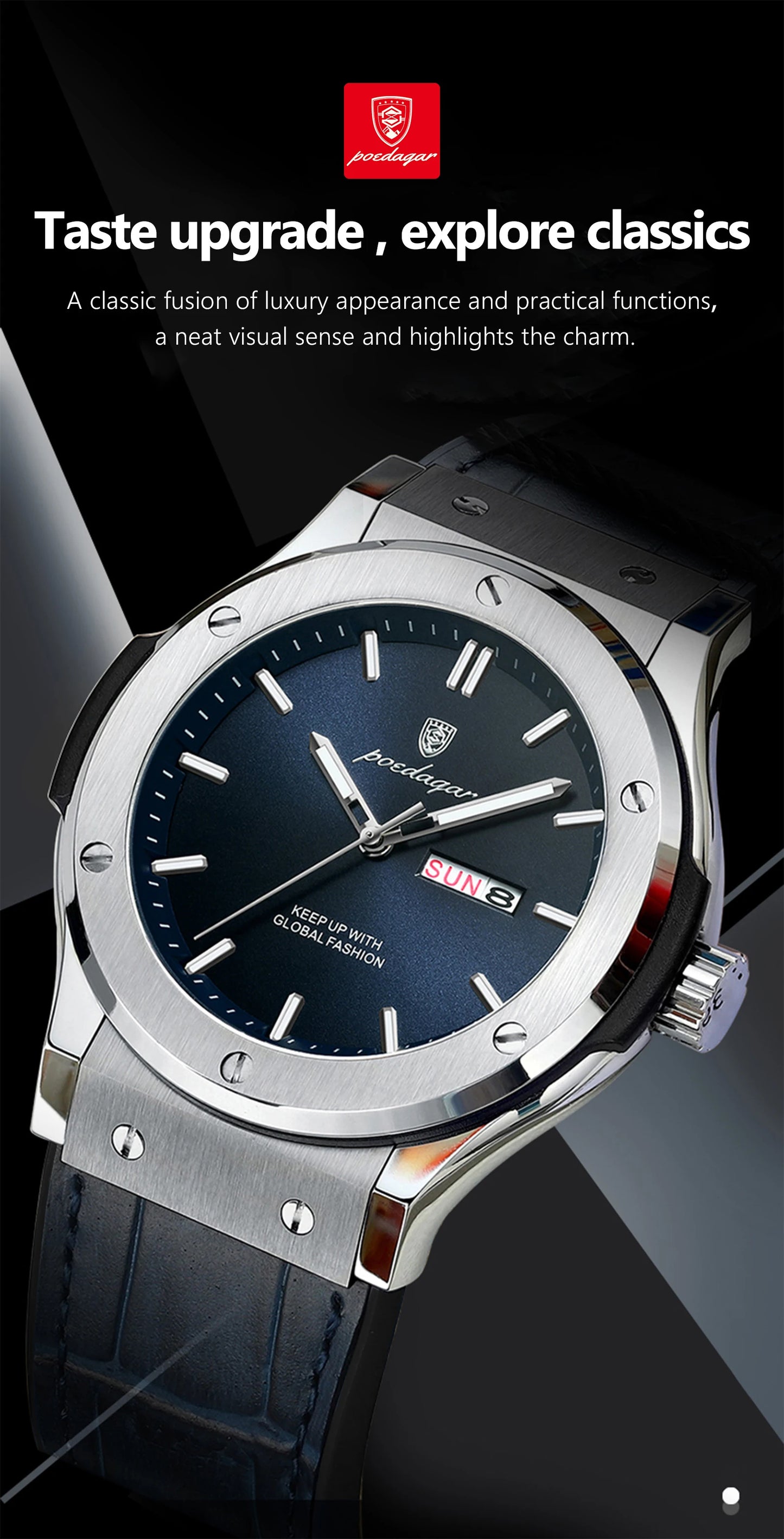 POEDAGAR Men's Watches Trend Fashion Original Quartz Watch for Man Waterproof Leather Strap Luminous Date Week Wristwatch Reloj