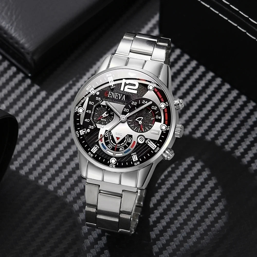3PCS/SET Men's Calendar Quartz Watch Business Fashion Alloy Watch Set Necklace and Bracelet Set Ideal Choice for Gifts