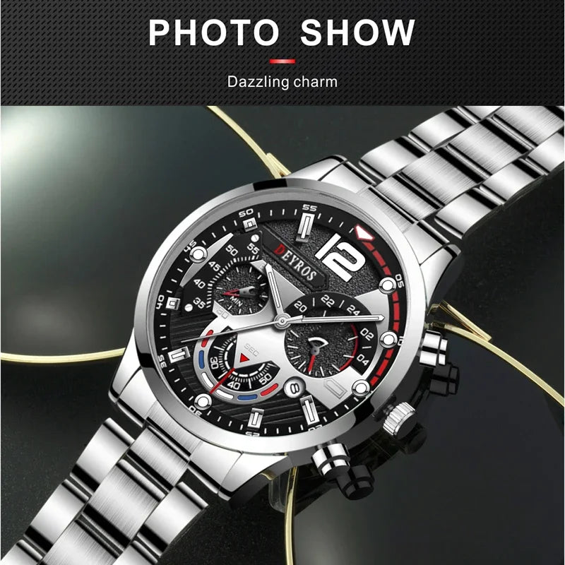 Fashion Mens Stainless Steel Watches Luxury Quartz Wristwatch Calendar Luminous Clock Men Business Casual Watch Reloj Hombre