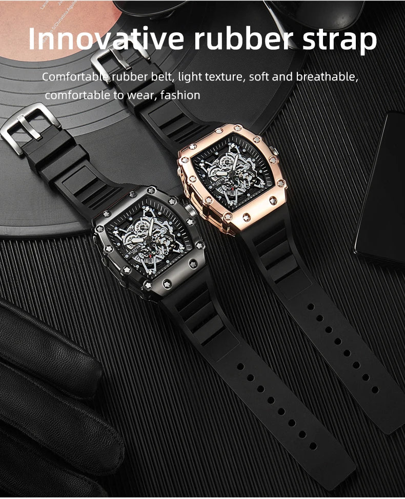 Brand Men's Watch Fashion Automatic Movement Barrel Luminous Waterproof Clock Sports Male's Silicone Strap Quartz Wristwatch New