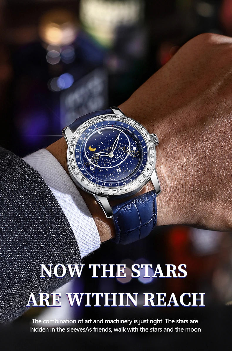 BINBOND Brand Rotating All Over The Sky Empty Diamond Men Watches Fashion Business Sun Moon Stars Waterproof Luminous Men Watch