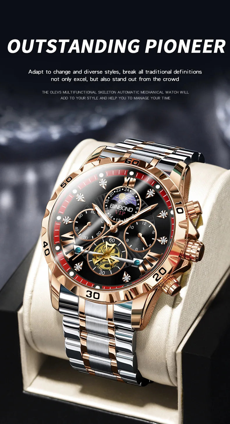 BINBOND Men's Watches Young Fashion Original Quartz Watch for Man Waterproof Luminous Flywheel Chronograph Moon Phase Casual