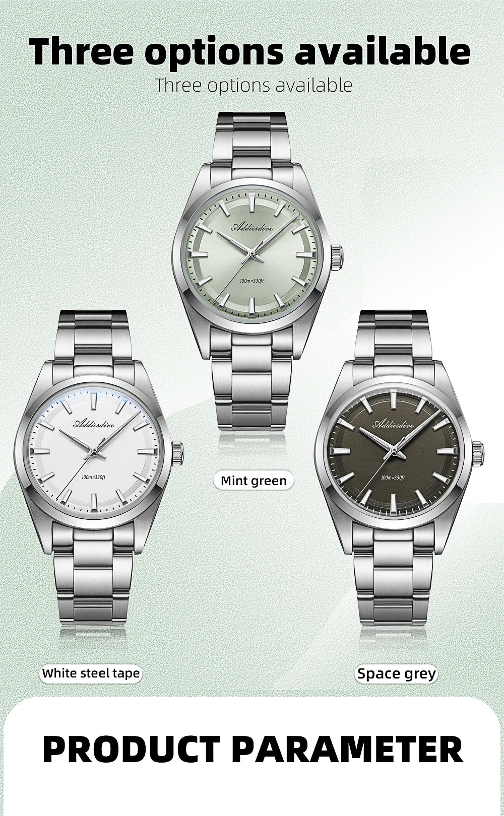 ADDIESDIVE 36mm AD2066 Men Watch BGW9 Luminou Bubble Mirror Glass 316L Stainless Steel Reloj Hombre 100m Waterproof Quartz Watch