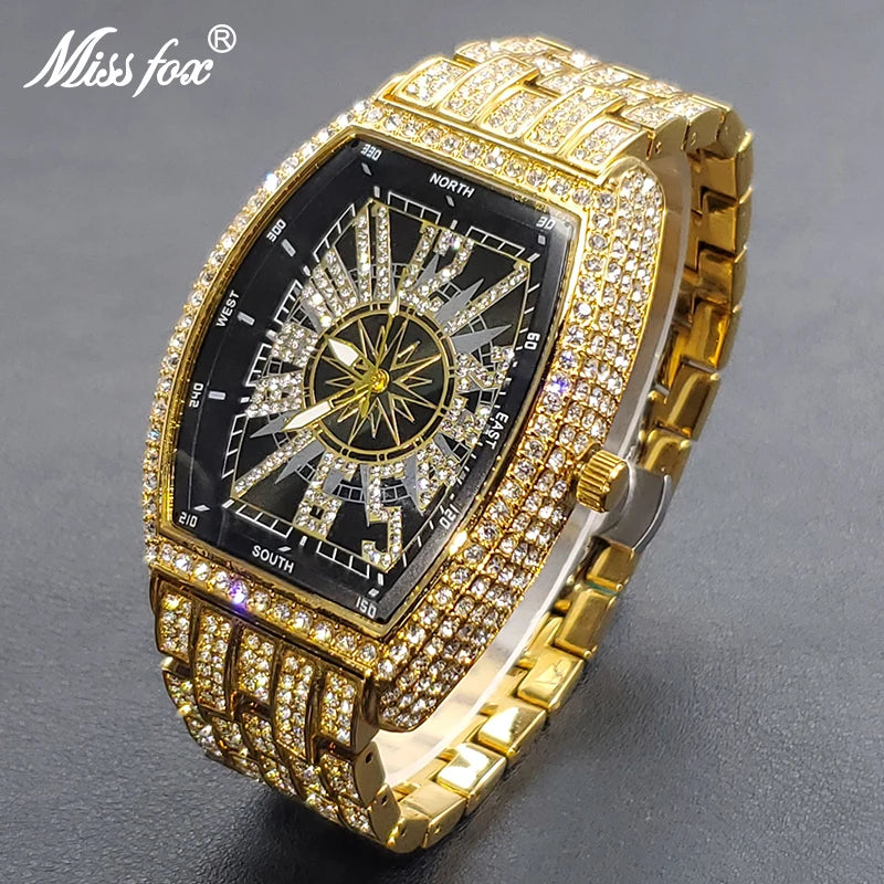 Classic 55mm Black Dial Wristwatch Men Famous Brand Diamond Silver Quartz Watch Original Ice Out Shiny Waterproof Clock 2023 New