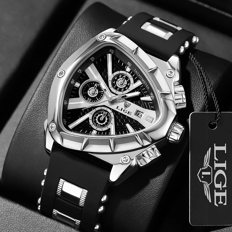 LIGE Fashion Men Watch Triangle Chronograph Military Wristwatch Sport Army Mens Watches Luxury Waterproof Quartz Clock Man Reloj
