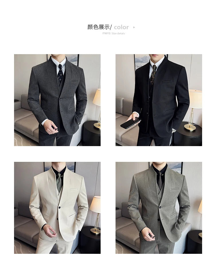 Korean Style Men's Suit Set Slim Fit Business Suit Wool Blazer Three Piece Set Elegant Social Formal Men's Clothing 5XL-M