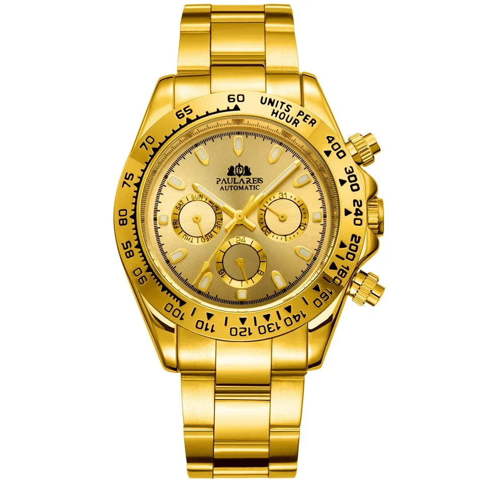Automatic Watches Self Wind Mechanical Gold Stainless Steel Glacier Ice Blue Dial Chestnut Brown Bezel Luminous Men Watch