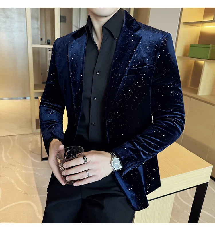 2024 Autumn New Velvet Jacket Men's Blazer Business Fashion Hot Stamping Printed Suit Jacket High-quality Luxury Dress Suit