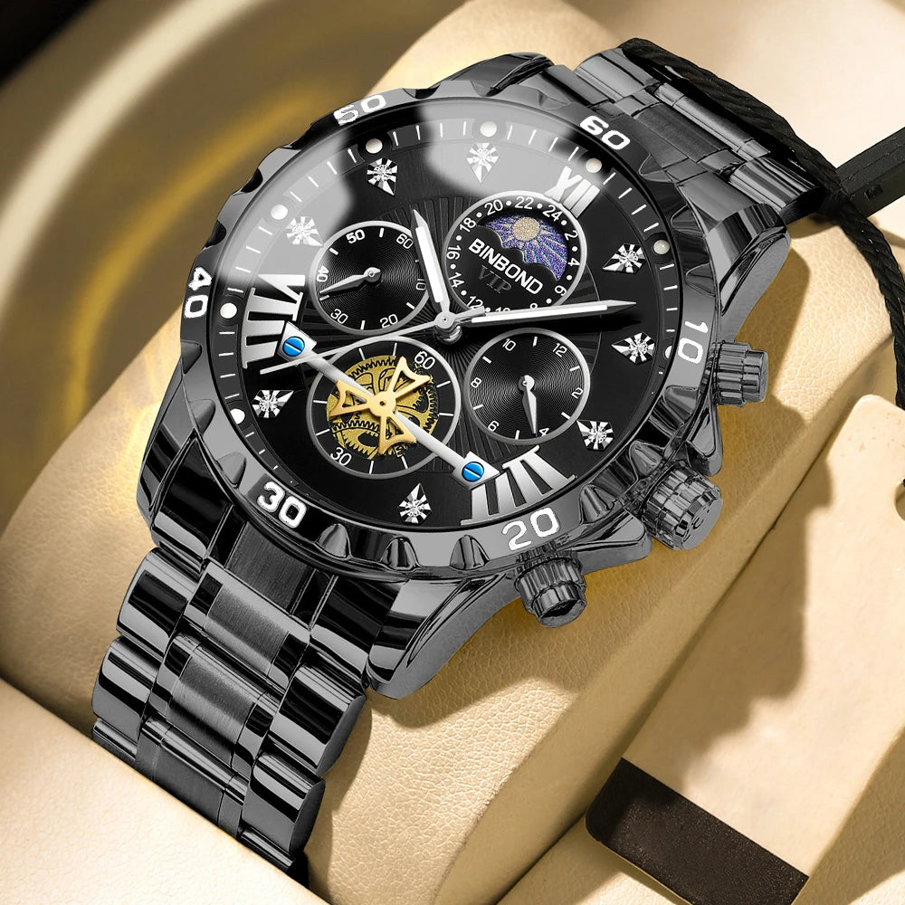 BINBOND Men's Watches Young Fashion Original Quartz Watch for Man Waterproof Luminous Flywheel Chronograph Moon Phase Casual