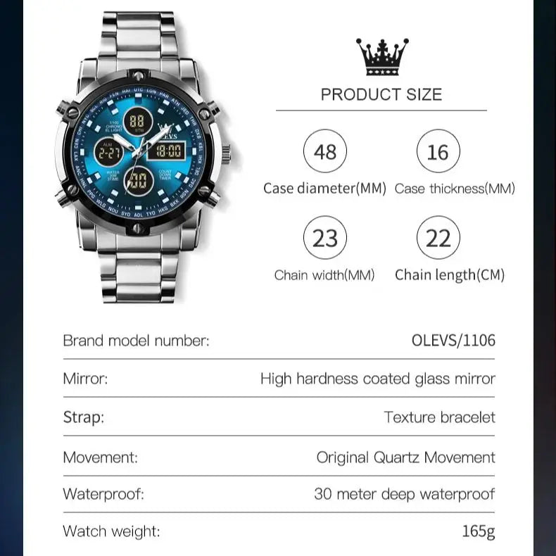 OLEVS 1106 Watch Men Chronograph Calendar Alarm Clock Quartz Movement Stainless steel Multi-function Man Hand Clock Trend Watch