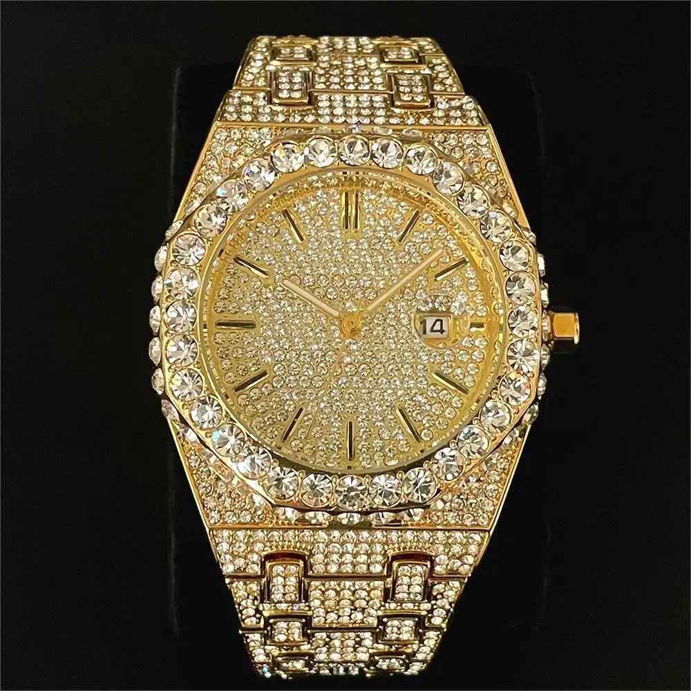 2024 New Hip Hop Mens Quartz Watch Brand MISSFOX Luxury Automatic Date Iced Out Clocks Man Fashion Green Full Diamond Wristwatch