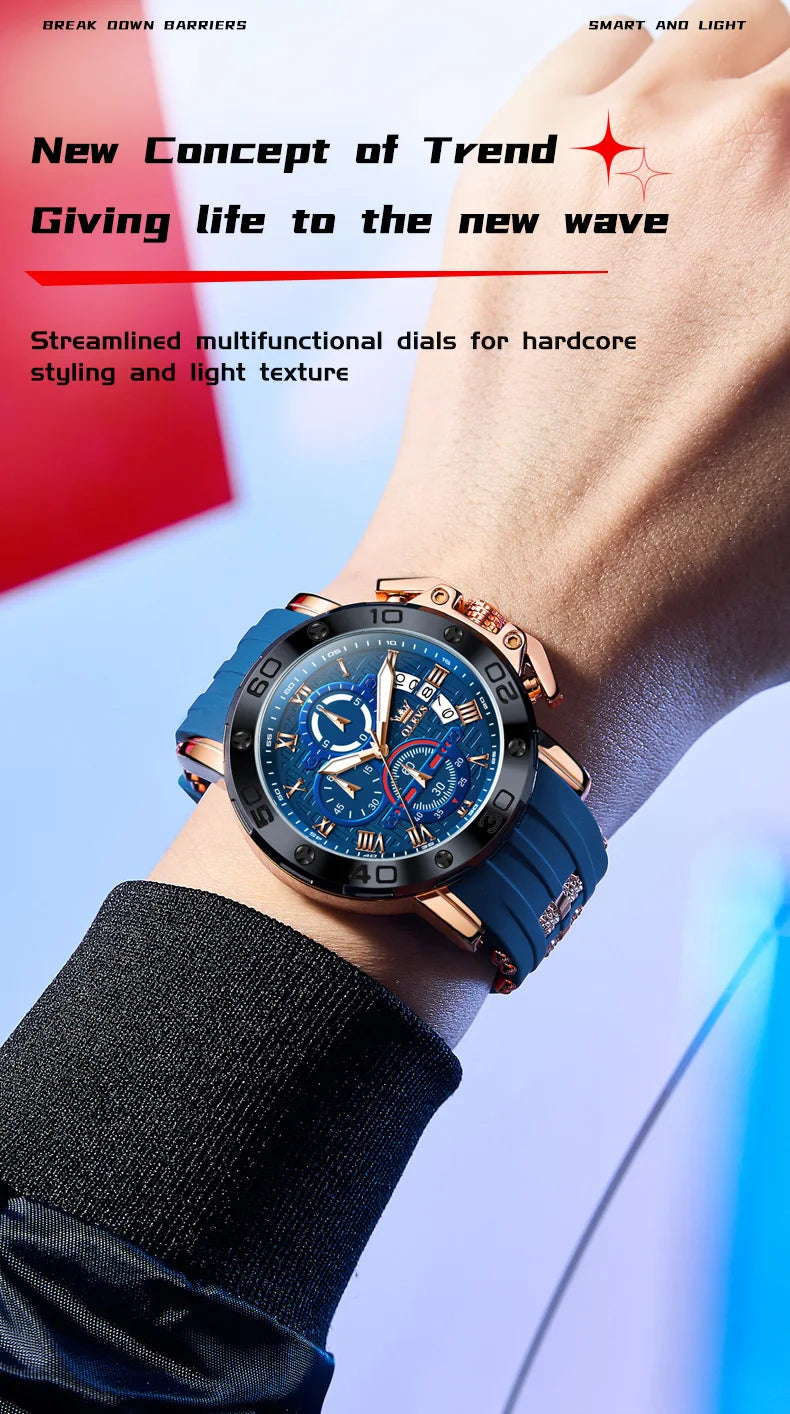 OLEVS 9986 Men Watch Silicone Strap Sports Multi functional Waterproof Luminous Timing Code Watch Luxury Brand Men Quartz Watch