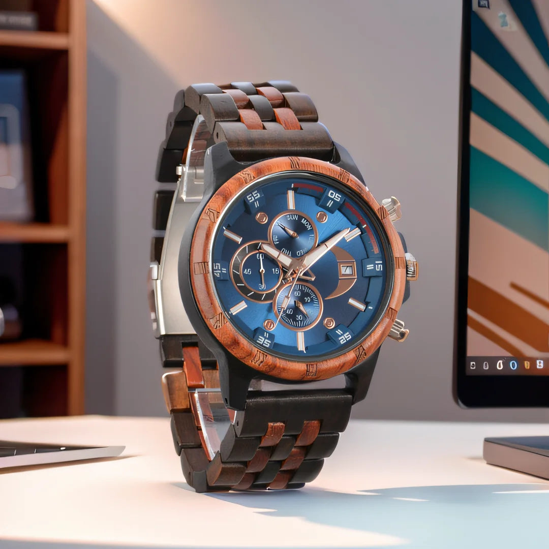 Men's Wooden Wrist Watches for Men Chronograph Fashion Wristwatches Business Blue Wood Mens Watches Clock reloj madera hombre