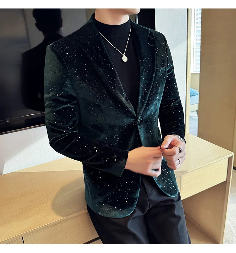 2024 Autumn New Velvet Jacket Men's Blazer Business Fashion Hot Stamping Printed Suit Jacket High-quality Luxury Dress Suit