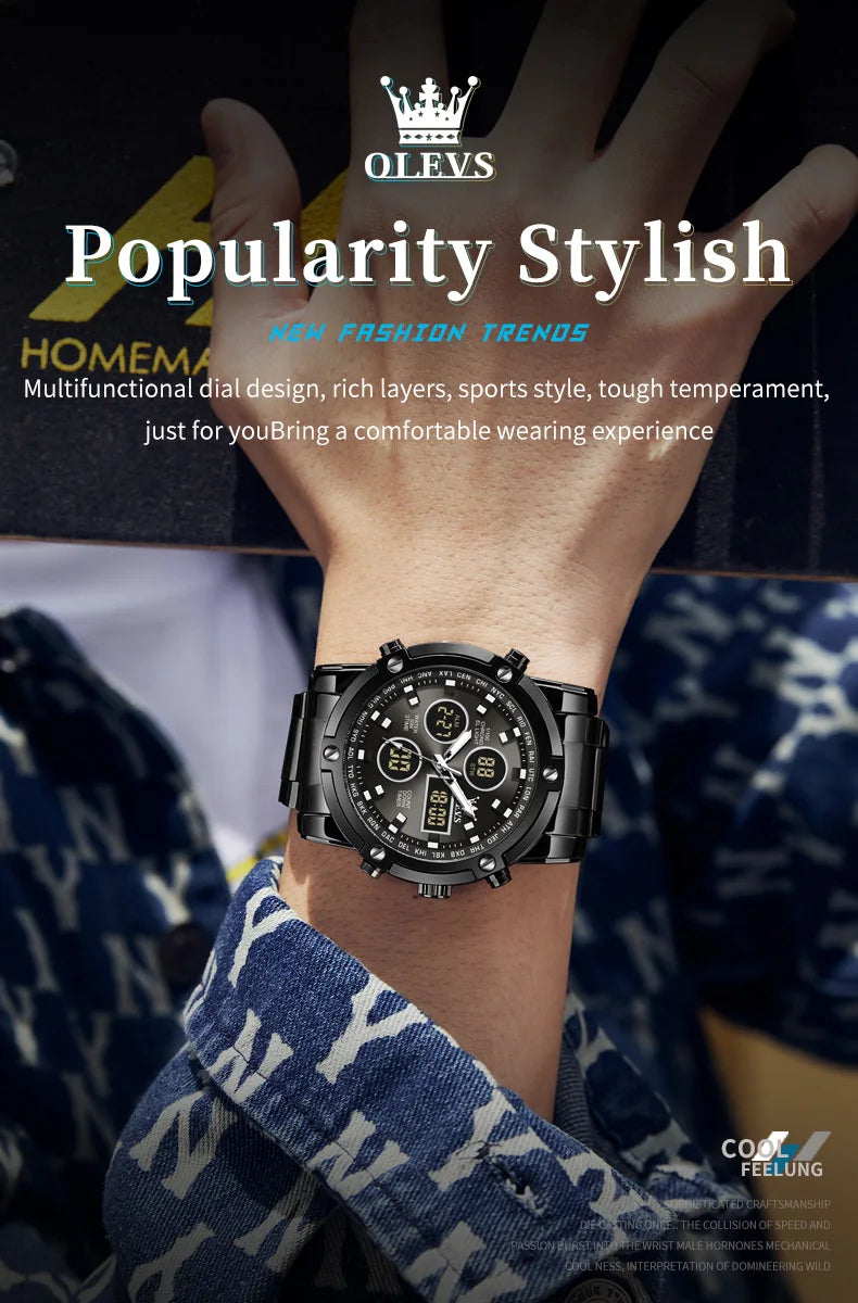 OLEVS 2024 New Mens Watches Top Brand Luxury Sport Digital Quartz Wristwatch For Men All Steel Military Waterproof Clock+Box