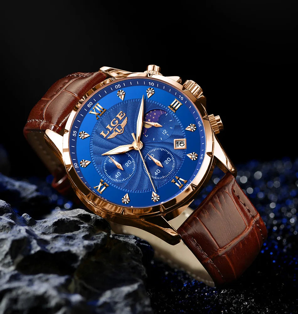 New Mens Watches LIGE Top Brand Luxury Leather Casual Quartz Watch Men's Sport Waterproof Clock Watch Relogios Masculino+Box