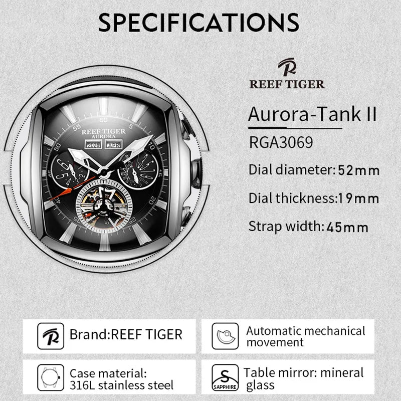 Reef Tiger/RT Designer Sport Watches with Tourbillon Stainless Steel Rubber Strap Blue Dial Automatic Watches RGA3069