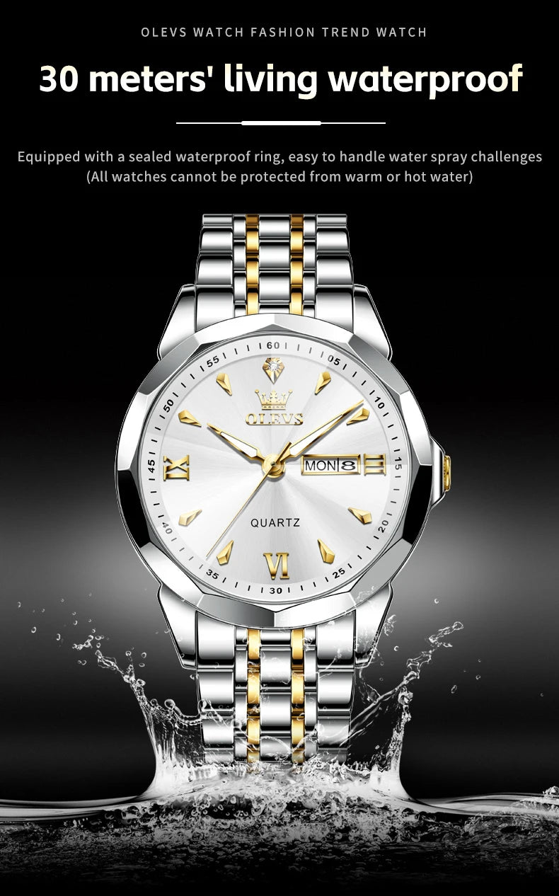 OLEVS 9998 Mens Watch Original Rhombus Mirror Quartz Mature Man Watch Waterproof Luminous Dual Calendar Display Watch For Man