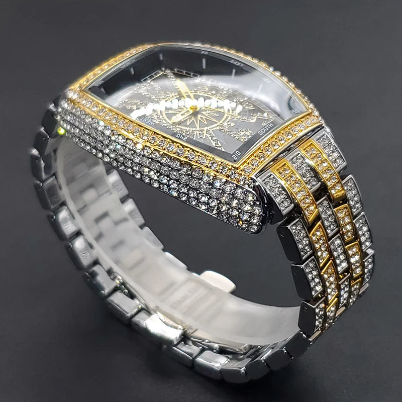 Classic 55mm Black Dial Wristwatch Men Famous Brand Diamond Silver Quartz Watch Original Ice Out Shiny Waterproof Clock 2023 New